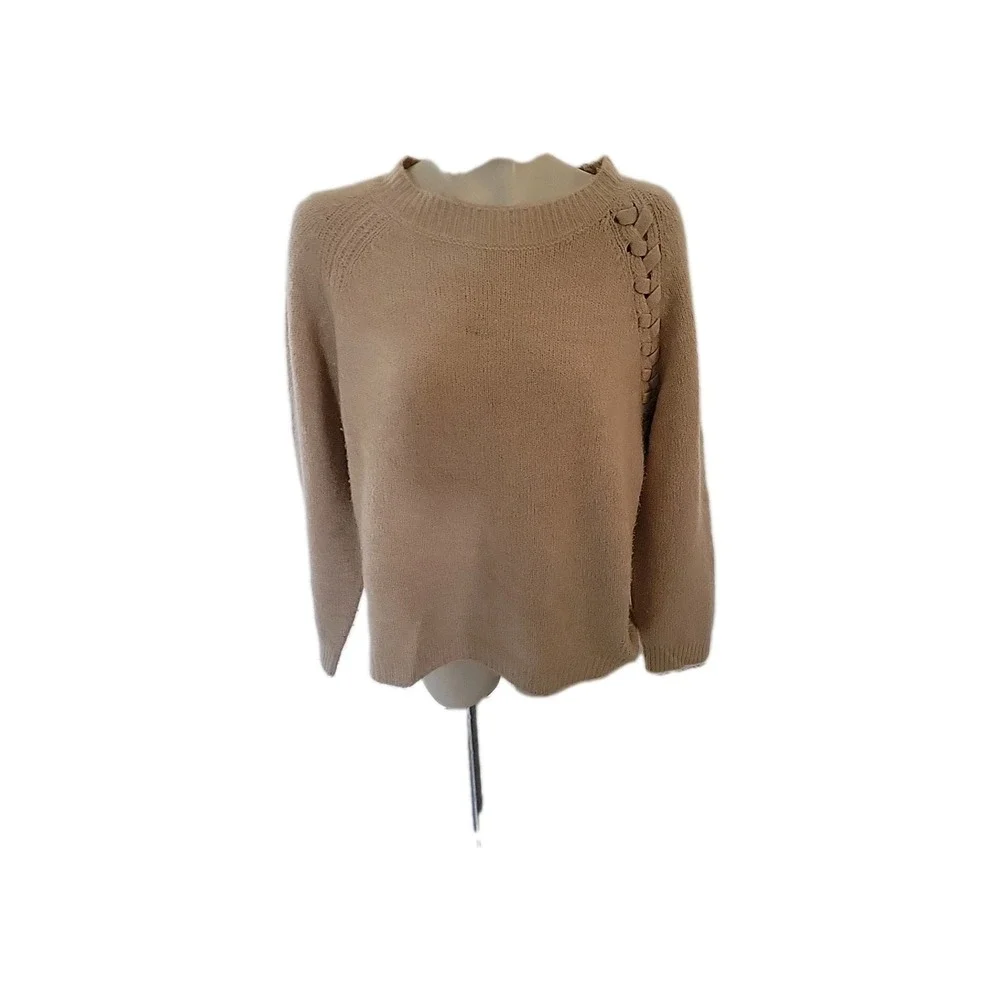 Vigoss Tan  Plus Size XL Designer Luxury Long‎ Sleeve Braided Crew Neck Sweater